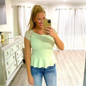 Mint‎ Green Lace Cap Sleeve Peplum Top 💚